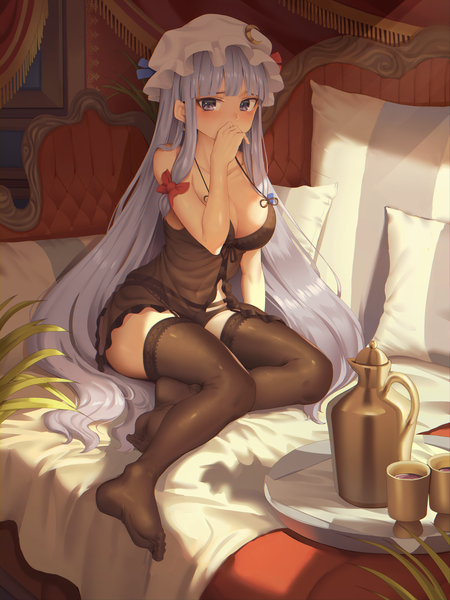 Anime picture 2250x3000 with touhou patchouli knowledge goback single long hair tall image looking at viewer blush fringe highres breasts light erotic large breasts sitting purple eyes payot cleavage purple hair full body bent knee (knees)
