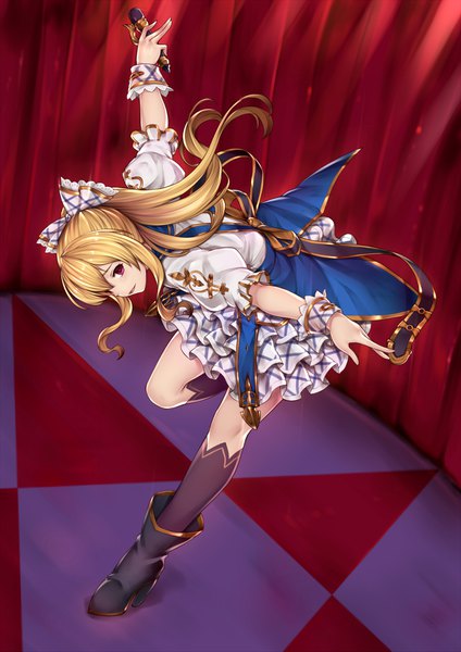 Anime picture 1200x1697 with granblue fantasy vira lilie pak ce single long hair tall image fringe blonde hair standing payot full body ponytail leaning leaning forward puffy sleeves standing on one leg spread arms kimi to boku no mirai girl bow