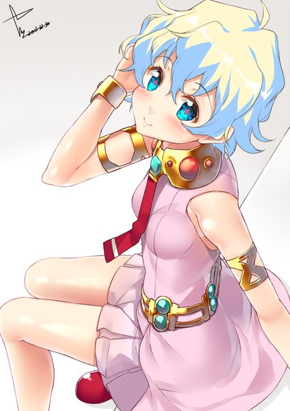 Anime picture 566x800 with tengen toppa gurren lagann gainax nia teppelin yappen single tall image looking at viewer blush short hair simple background smile hair between eyes sitting bare shoulders signed multicolored hair aqua eyes from above aqua hair two-tone hair