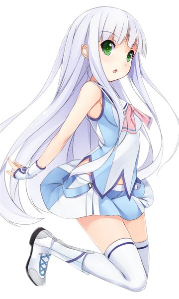 Anime picture 900x1500 with aoki hagane no arpeggio iona toki/ single long hair tall image looking at viewer fringe open mouth simple background white background green eyes bent knee (knees) white hair lacing jumping girl thighhighs skirt gloves