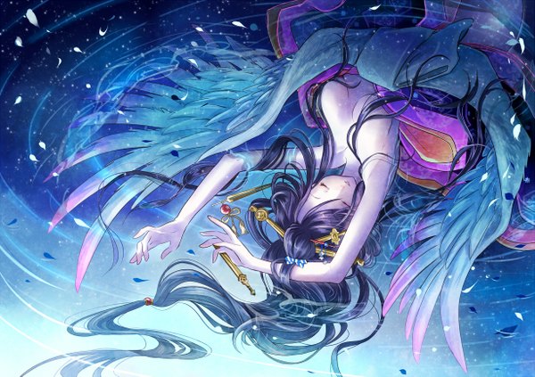 Anime picture 1227x867 with original nekozuki yuki single long hair breasts light erotic black hair lying eyes closed traditional clothes on back girl hair ornament petals wings water