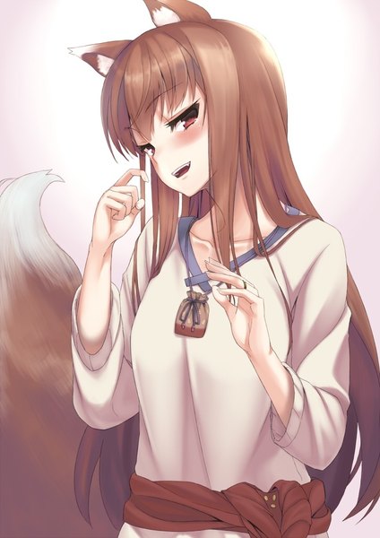 Anime picture 723x1023 with spice and wolf horo sengoku aky single long hair tall image looking at viewer blush fringe open mouth simple background smile red eyes brown hair animal ears payot upper body tail head tilt animal tail