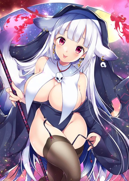 Anime picture 1036x1450 with original miyano ururu single tall image looking at viewer blush fringe breasts light erotic smile red eyes large breasts bare shoulders holding animal ears payot cleavage silver hair tail very long hair