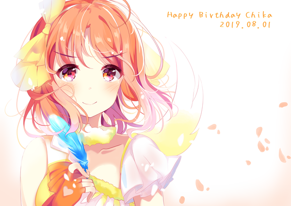 Anime picture 4093x2894 with love live! sunshine!! sunrise (studio) love live! takami chika depe single looking at viewer blush fringe highres short hair simple background smile red eyes white background holding absurdres ahoge orange hair character names