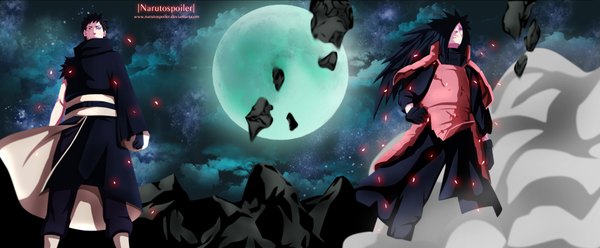 Anime picture 4000x1656 with naruto studio pierrot naruto (series) uchiha madara uchiha obito tobi i-azu long hair fringe highres short hair black hair red eyes wide image purple eyes cloud (clouds) hair over one eye night sky heterochromia coloring