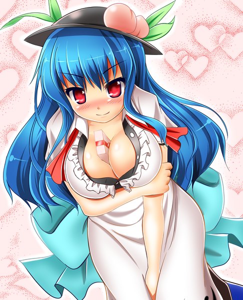 Anime picture 2848x3517 with touhou hinanawi tenshi honda takaharu (artist) long hair tall image blush highres breasts light erotic red eyes blue hair girl dress hat gift peach