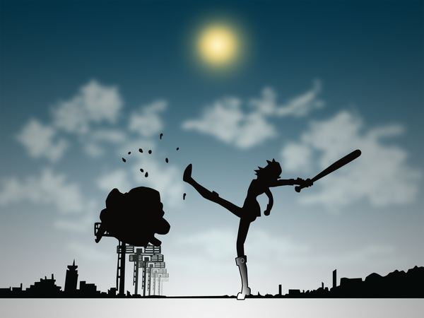 Anime picture 1600x1200 with flcl gainax haruhara haruko single short hair standing sky cloud (clouds) outdoors standing on one leg silhouette kick girl sun baseball bat