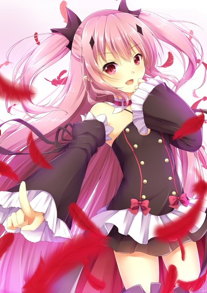 Anime picture 848x1200 with owari no seraph wit studio kururu tepes hikariin25 single long hair tall image blush open mouth simple background smile bare shoulders payot looking away pink hair long sleeves pink eyes wind pointy ears wide sleeves