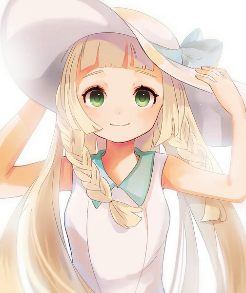 Anime picture 993x1182 with pokemon pokemon sm nintendo lillie (pokemon) sani toon long hair tall image looking at viewer fringe simple background blonde hair smile white background upper body blunt bangs braid (braids) blurry arms up sleeveless twin braids