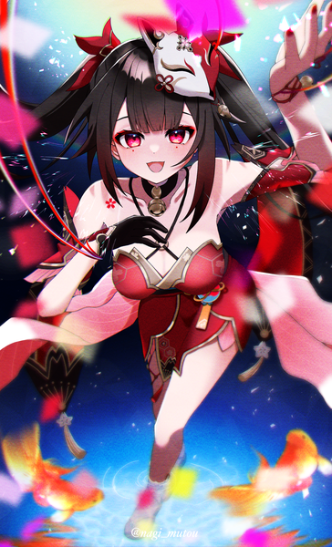 Anime picture 1648x2717 with honkai: star rail honkai (series) sparkle (honkai: star rail) nagi (marthmoka) single long hair tall image looking at viewer fringe breasts open mouth light erotic black hair smile large breasts standing twintails bare shoulders signed payot