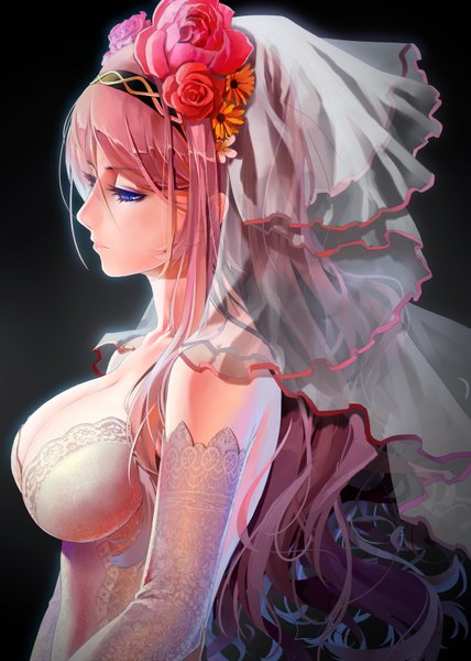 Anime picture 1200x1680 with vocaloid megurine luka okingjo single long hair tall image blue eyes pink hair profile hair flower dark background girl dress gloves hair ornament flower (flowers) elbow gloves hairband
