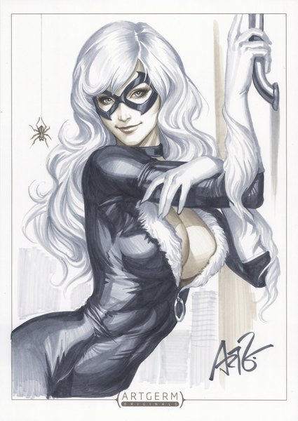 Anime picture 708x1000 with marvel comics black cat (felicia hardy) artgerm (stanley lau) single long hair tall image looking at viewer blue eyes light erotic smile standing white hair realistic wavy hair latex girl gloves white gloves insect bodysuit