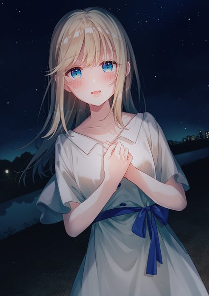 Anime picture 1200x1700 with original aoi yuki single long hair tall image looking at viewer blush fringe open mouth blue eyes blonde hair smile standing outdoors blunt bangs :d wind night wide sleeves short sleeves