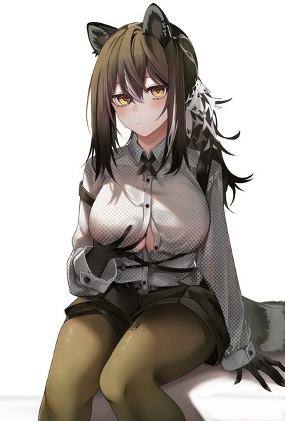 Anime picture 3168x4680 with arknights robin (arknights) ru zhai single long hair tall image looking at viewer blush fringe highres breasts light erotic simple background hair between eyes brown hair large breasts white background sitting animal ears yellow eyes