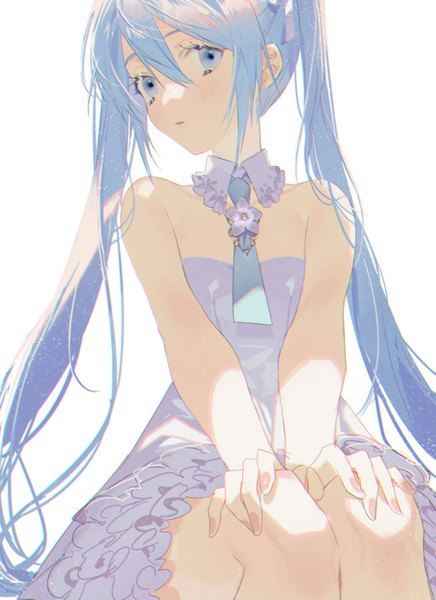 Anime picture 654x900 with vocaloid hatsune miku naomasap single long hair tall image looking at viewer fringe blue eyes simple background hair between eyes white background sitting twintails blue hair nail polish pink nail polish girl dress white dress
