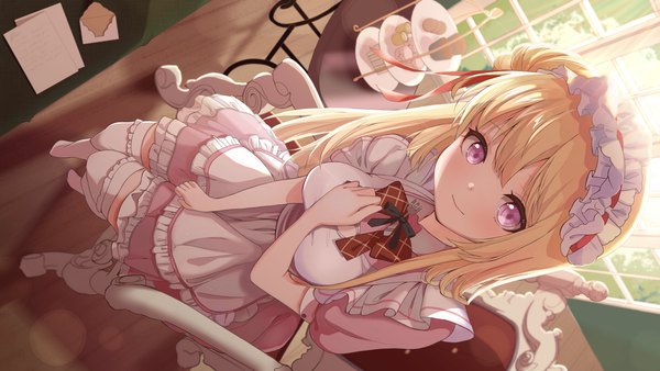 Anime picture 4032x2268 with virtual youtuber shiina0227 single long hair looking at viewer blush fringe highres breasts blonde hair smile hair between eyes wide image large breasts sitting payot absurdres full body indoors pink eyes