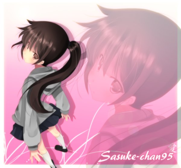 Anime picture 1000x929 with original sasuke-chan95 single long hair blush brown hair brown eyes ponytail pleated skirt looking back from above framed zoom layer girl socks white socks sweater