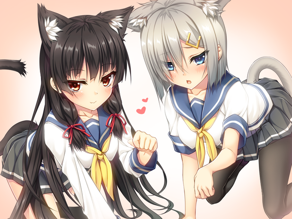 Anime picture 1600x1200 with kantai collection hamakaze destroyer isokaze destroyer moeki yuuta long hair looking at viewer blush fringe short hair blue eyes black hair simple background multiple girls brown eyes animal ears silver hair tail animal tail pleated skirt cat ears