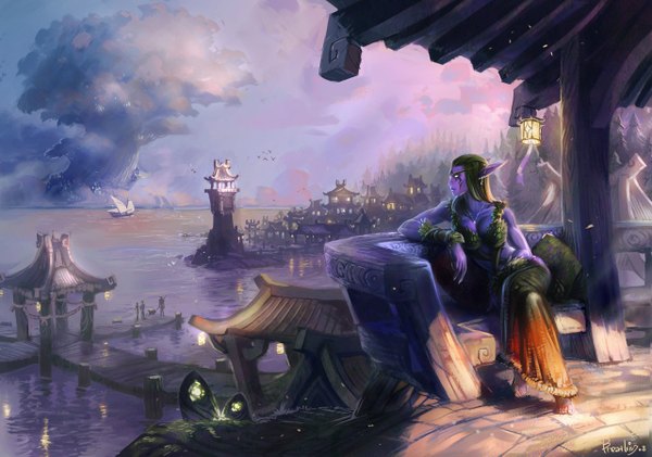 Anime picture 1280x899 with world of warcraft blizzard entertainment night elf jian guo (breathing) single long hair sitting signed sky cloud (clouds) profile barefoot green hair pointy ears glowing cityscape elf glowing eye (eyes) face paint lake