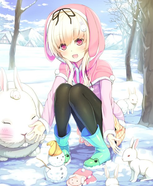 Anime picture 824x1000 with original peragura single long hair tall image looking at viewer blush open mouth blonde hair pink eyes loli winter snow squat bare tree girl skirt gloves hair ornament plant (plants)
