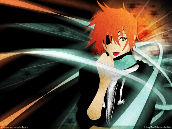 Anime picture 1600x1200 with d.gray-man lavi hoshino katsura single looking at viewer short hair signed upper body orange hair copyright name black background hair over eyes derivative work boy earrings tongue eyepatch zipper