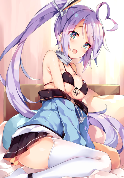 Anime-Bild 996x1428 mit azur lane portland (azur lane) unacchi (nyusankin) single tall image looking at viewer blush fringe breasts open mouth blue eyes light erotic large breasts sitting cleavage purple hair ahoge bent knee (knees) indoors very long hair