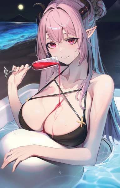 Anime picture 1277x2000 with original refla single long hair tall image blush fringe breasts light erotic smile hair between eyes large breasts holding payot looking away pink hair cleavage upper body pink eyes horn (horns)