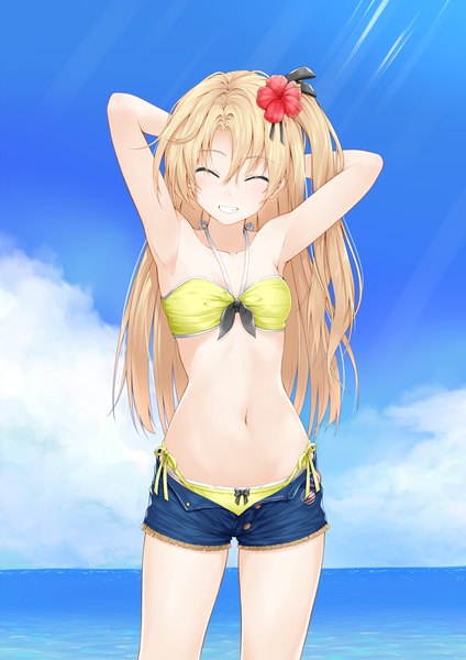 Anime picture 1555x2200 with azur lane cleveland (azur lane) hajika single long hair tall image blush fringe light erotic blonde hair smile hair between eyes standing sky cloud (clouds) eyes closed hair flower sunlight one side up grin