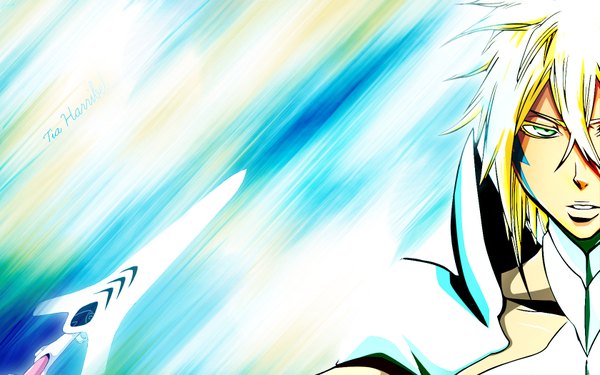 Anime picture 1680x1050 with bleach studio pierrot tia harribel single looking at viewer fringe short hair open mouth blonde hair wide image green eyes tattoo close-up espada arrancar girl weapon