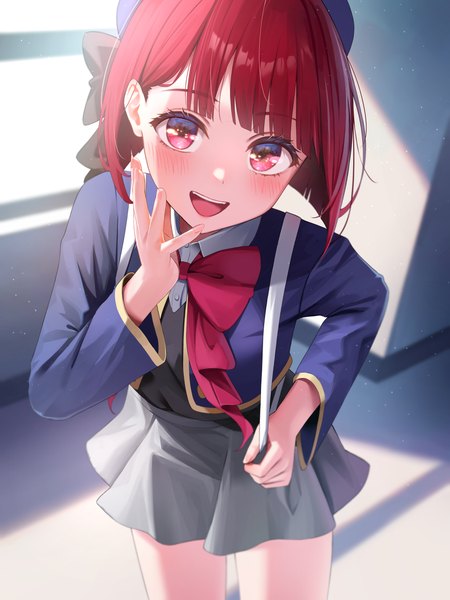 Anime picture 3000x4000 with oshi no ko arima kana fujizarashi single tall image looking at viewer blush fringe highres short hair open mouth red eyes red hair indoors blunt bangs :d girl skirt uniform school uniform