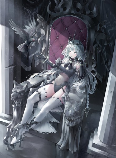 Anime picture 3237x4414 with original mochirong single long hair tall image fringe highres breasts light erotic sitting green eyes looking away absurdres full body blunt bangs braid (braids) parted lips pointy ears grey hair high heels