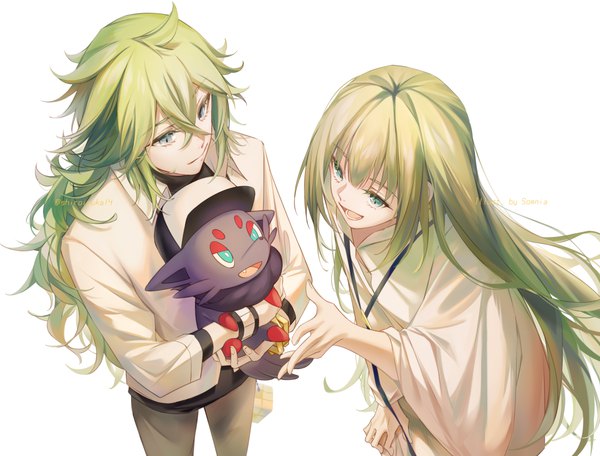 Anime picture 1200x911 with fate (series) pokemon fate/strange fake pokemon black and white nintendo enkidu (fate) n (pokemon) zorua somnia long hair fringe open mouth simple background hair between eyes white background green eyes blunt bangs :d green hair from above