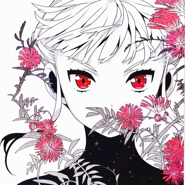 Anime picture 1396x1395 with euphoria (clockup) manaka nemu tagme (artist) single looking at viewer fringe short hair simple background red eyes white background payot upper body scan official art floating hair monochrome portrait covered mouth spot color albino