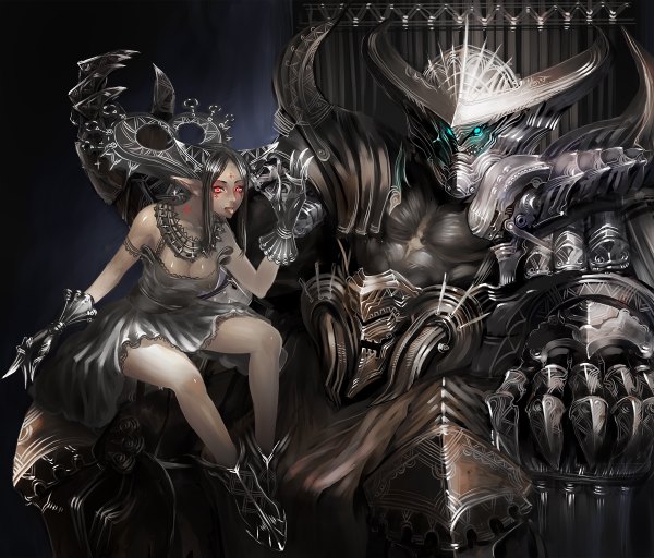 Anime picture 1200x1024 with original pixiv fantasia pixiv fantasia v cherokee long hair black hair red eyes sitting pointy ears tattoo girl gloves tongue armor sundress helmet