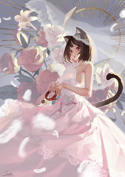 Anime picture 1130x1600 with original saraki single tall image short hair brown hair holding animal ears looking away tail animal tail pink eyes cat ears :o cat girl cat tail floral background girl dress flower (flowers)