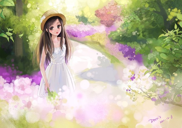 Anime picture 1203x850 with original dorris single long hair brown hair brown eyes signed girl flower (flowers) plant (plants) hat tree (trees) sundress forest bouquet