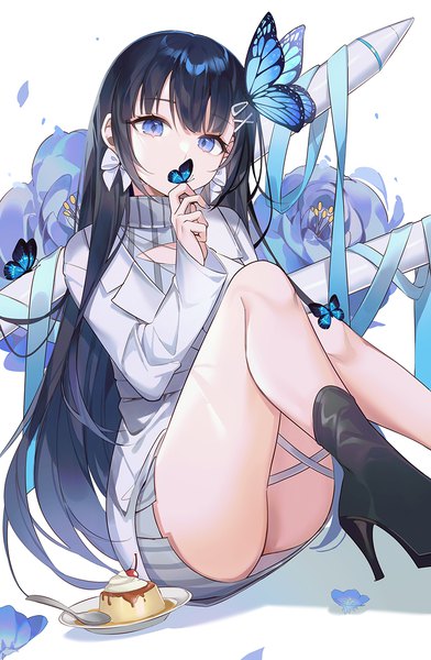 Anime picture 850x1300 with virtual youtuber indie virtual youtuber aoi nabi machi (7769) single long hair tall image looking at viewer blue eyes light erotic black hair sitting bare legs high heels covered mouth floral background girl hair ornament bow hairclip