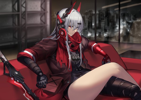 Anime-Bild 4092x2893 mit punishing: gray raven alpha (punishing: gray raven) lucia: crimson abyss (punishing: gray raven) karlwolf single long hair looking at viewer fringe highres red eyes sitting absurdres silver hair indoors parted lips night open jacket crossed legs city cityscape