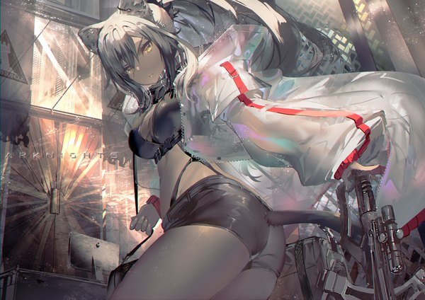 Anime picture 1000x707 with arknights schwarz (arknights) yoshimoto (dear life) single long hair fringe light erotic hair between eyes animal ears yellow eyes silver hair ponytail tail animal tail looking back open jacket from below copyright name girl weapon