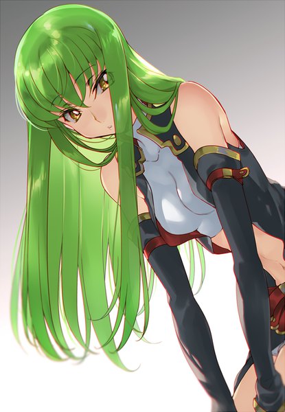 Anime picture 600x866 with code geass sunrise (studio) c.c. creayus single long hair tall image looking at viewer blush fringe breasts simple background hair between eyes standing bare shoulders yellow eyes parted lips green hair arm support bare belly