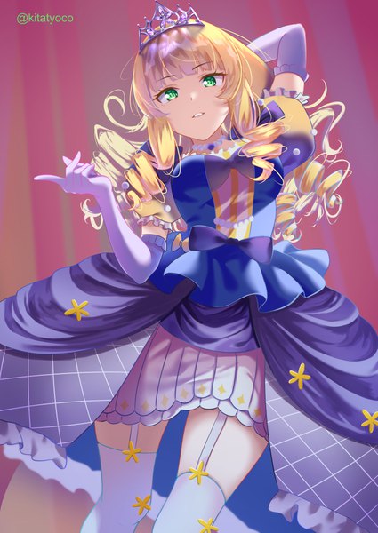 Anime picture 724x1023 with hello!!! love live! sunrise (studio) love live! heanna sumire kitatyoco single long hair tall image fringe blonde hair green eyes signed blunt bangs from below twitter username drill hair arm behind head girl thighhighs dress