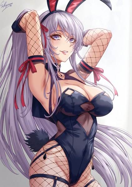 Anime picture 1000x1414 with original sakiyamama single tall image looking at viewer blush fringe breasts light erotic simple background smile hair between eyes large breasts purple eyes signed animal ears cleavage silver hair tail very long hair