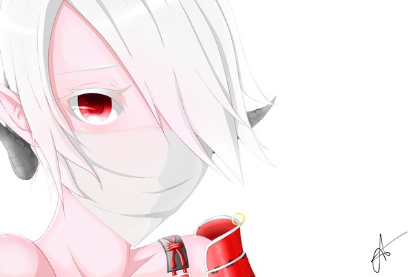 Anime picture 2000x1344 with original aagm single looking at viewer fringe highres short hair simple background red eyes white background signed upper body white hair horn (horns) hair over one eye girl bandana