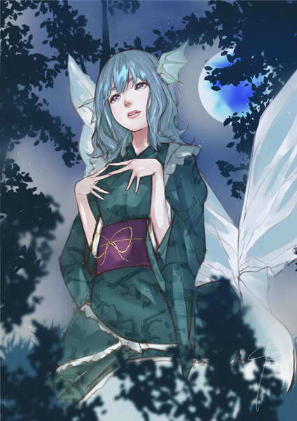 Anime picture 1295x1832 with touhou wakasagihime hino erushiro single long hair tall image fringe blue eyes hair between eyes animal ears looking away tail traditional clothes japanese clothes aqua hair night night sky monster girl fish tail girl