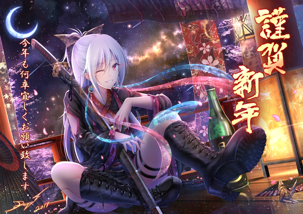 Anime picture 1100x778 with original denpa (denpae29) single long hair looking at viewer fringe smile hair between eyes red eyes sitting signed cleavage silver hair full body bent knee (knees) ponytail traditional clothes japanese clothes one eye closed wink
