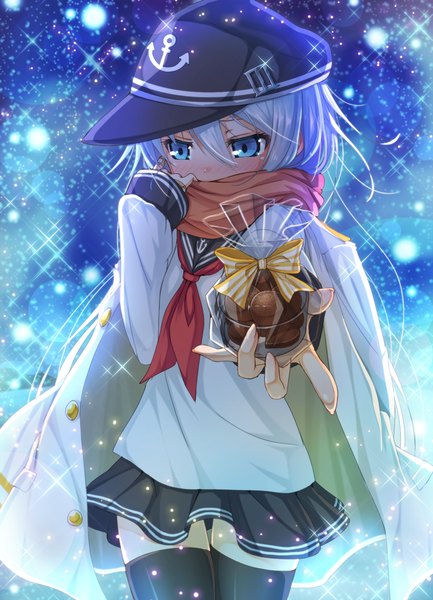 Anime picture 800x1107 with kantai collection hibiki destroyer matokechi single long hair tall image blush fringe blue eyes hair between eyes payot looking away silver hair long sleeves head tilt pleated skirt sparkle embarrassed zettai ryouiki blue background