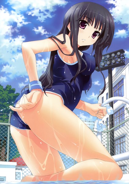 Anime picture 2459x3500 with original fujima takuya single long hair tall image highres light erotic black hair red eyes cloud (clouds) girl swimsuit pool hose