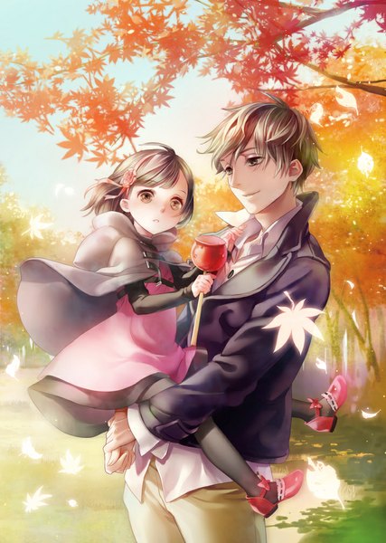 Anime picture 716x1006 with original ojyou long hair tall image short hair black hair brown eyes loli girl dress boy plant (plants) tree (trees) food jacket hairband leaf (leaves) fruit child (children) candy apple