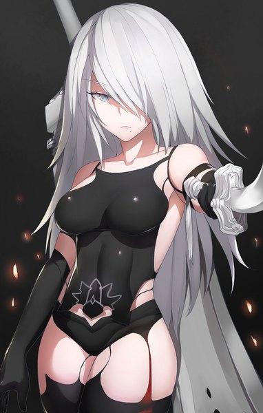 Anime picture 700x1100 with nier nier:automata yorha type a no. 2 k jin single long hair tall image looking at viewer fringe breasts blue eyes light erotic simple background large breasts holding silver hair hair over one eye mole zettai ryouiki outstretched arm
