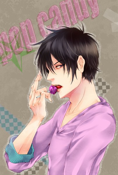 Anime picture 675x1000 with original mamekura single tall image looking at viewer short hair open mouth black hair brown hair purple eyes profile licking boy food sweets candy lollipop